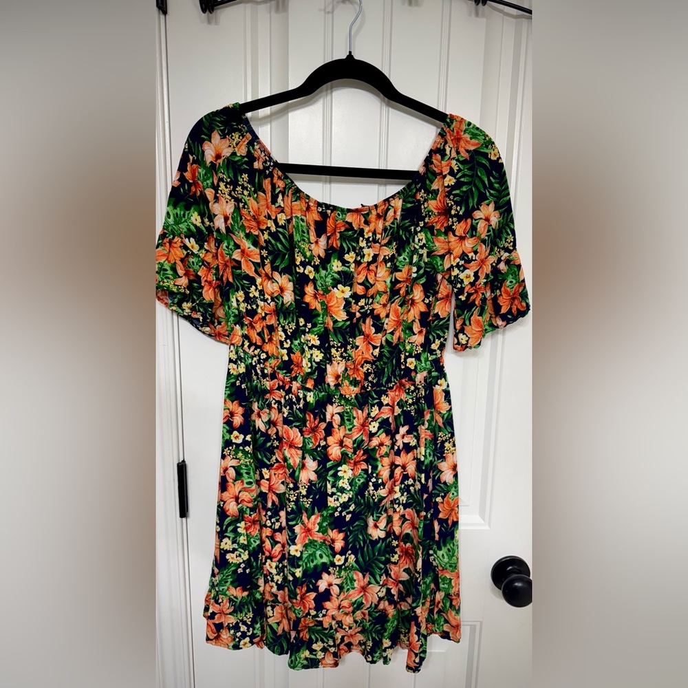 Off the Shoulder Floral Print Dress with Orange and Green Accents
